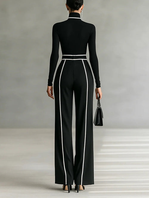 High-Neck Long-Sleeve Top & Wide-Leg Pants Set with Belt