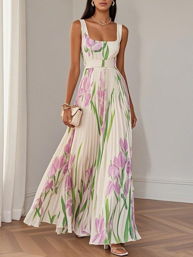 Square-neck sleeveless A-line long dress
